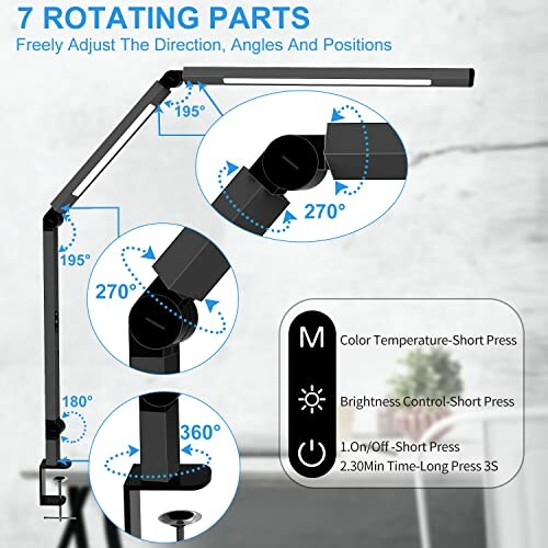 Diagram showing adjustable lamp with 7 rotating parts and control instructions.