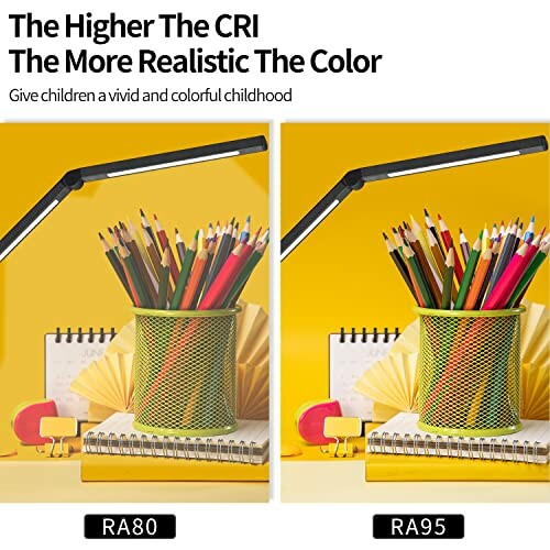 Comparison of color rendering under two desk lamps with different CRI ratings, showing RA80 and RA95 effects on colored pencils.