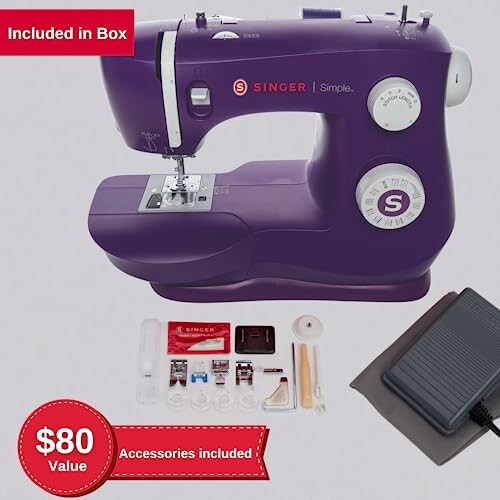 Purple Singer sewing machine with accessories included