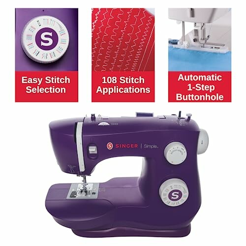 Purple Singer sewing machine with easy stitch selection, 108 stitch applications, and automatic 1-step buttonhole.