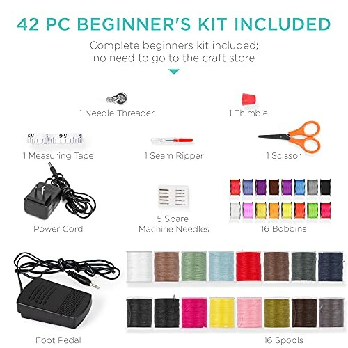 42 piece beginner's sewing kit with tools and threads.