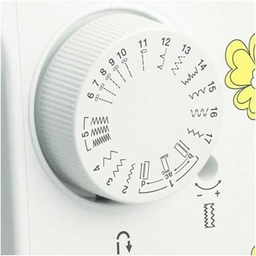 Close-up of a sewing machine stitch selector dial with various stitch options.