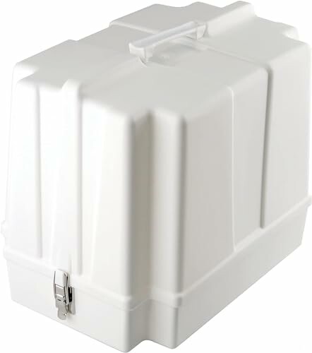 White plastic cake carrier with handle and latch